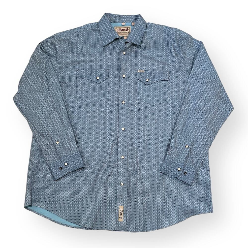 Rafter C Cowboy Collection ProFlex45 Performance Shirt XXL Blue Geo Pearl Snap